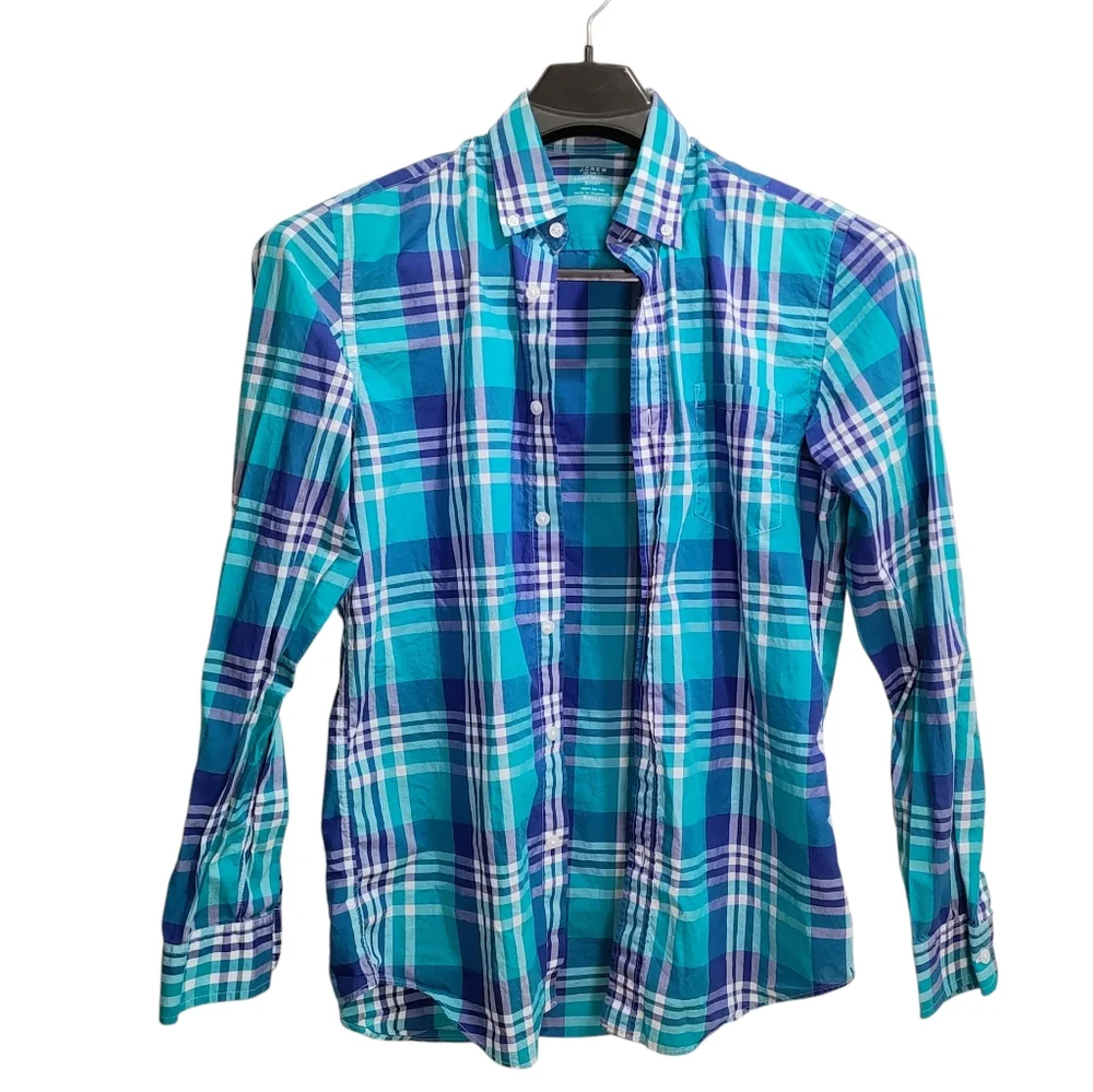 J. Crew Blue and Green Plaid Casual Tagless 100% Cotton Button Down Shirt Size S